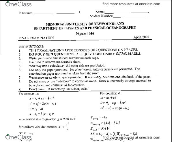 PHYS 1050 Final: PHYS 1050 Final Exam 2007 - OneClass