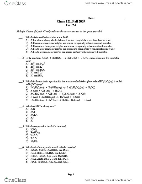 CHEM 1110 Midterm: Chemistry 1110 2009 Fall Test 2 - OneClass