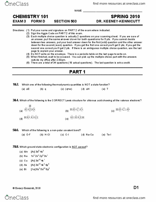 CHEM 101 Midterm: CHEM 101 TAMU Exam 3d-Spring 2010 - OneClass