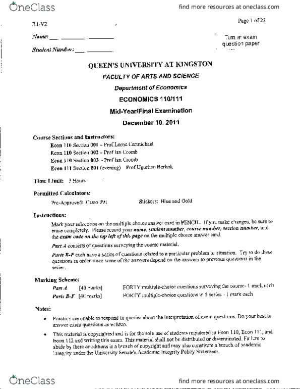 All Educational Materials For ECON 111 At Queen S University