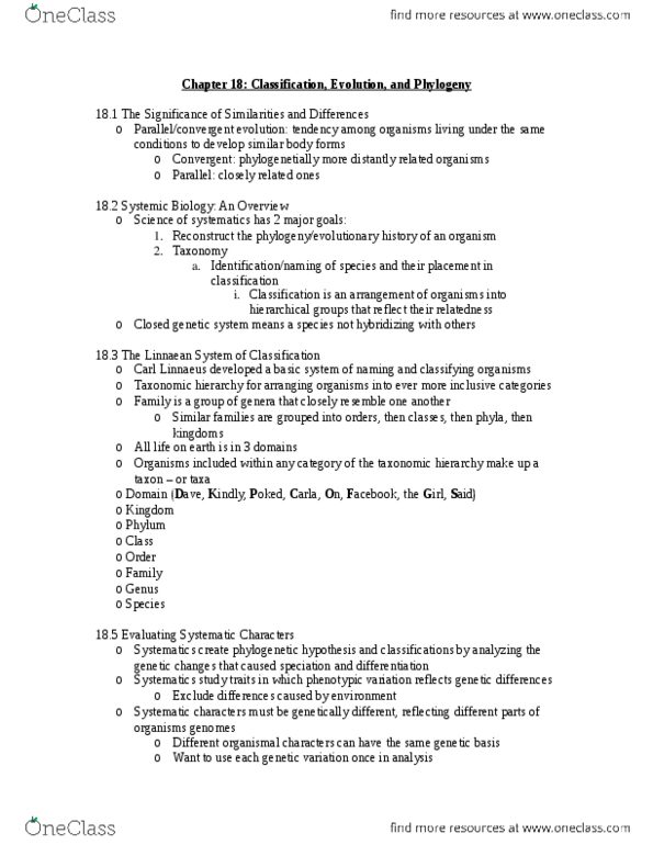 BI111 Chapter Notes -Evolutionary Taxonomy, Mosaic Evolution, Carl Linnaeus thumbnail