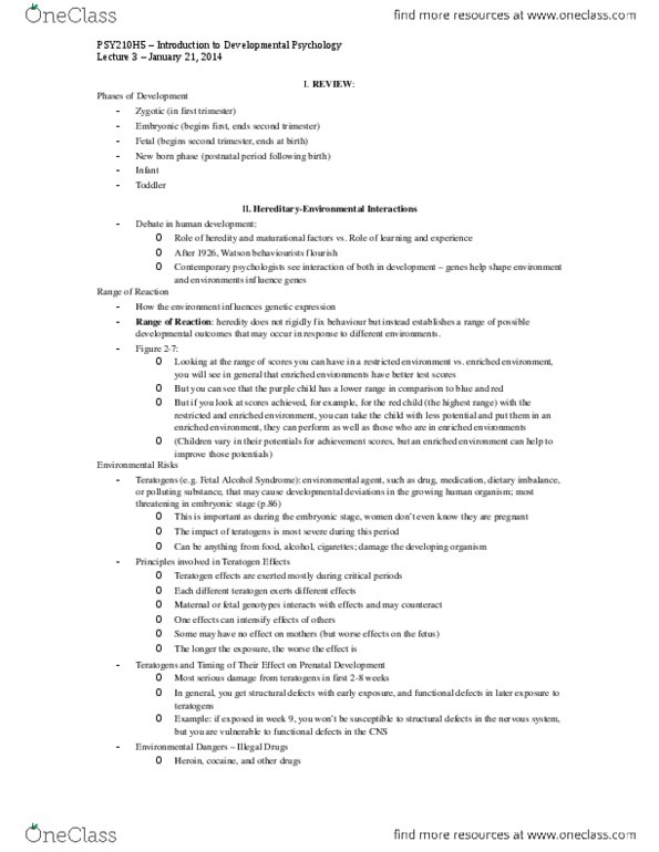 PSY210H5 Lecture Notes - Lecture 3: Fetal Alcohol Spectrum Disorder, Teratology thumbnail