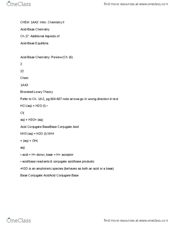 CHEM 1AA3 Lecture Notes - Ammonium Chloride, Buffer Solution, Conjugate Acid thumbnail