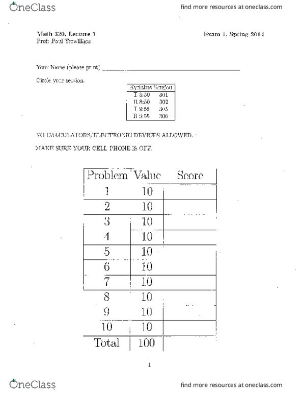 MATH 320 Midterm: 2014 Math 320 - Terwilliger - Spring Exam 1 - OneClass