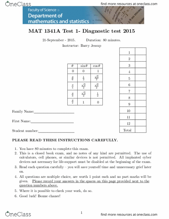 Mat 1341 University Of Ottawa Tests Fall 2015 Oneclass