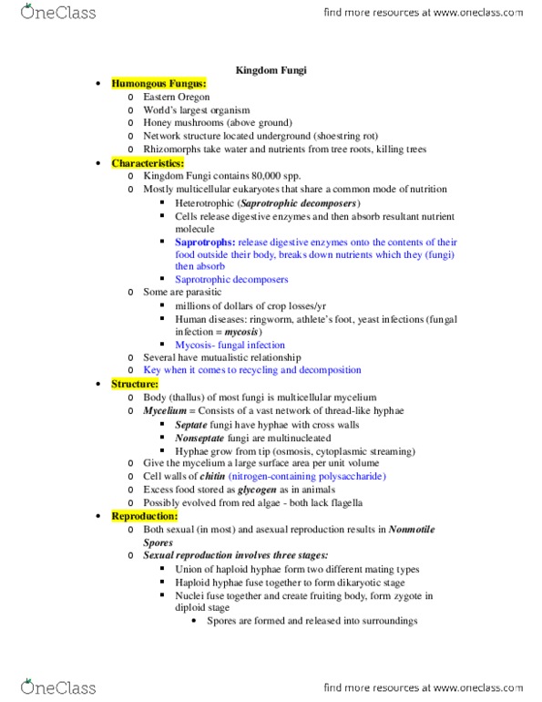 CAS BI 108 Lecture Notes - Basidium, Mycelium, Ascomycota thumbnail