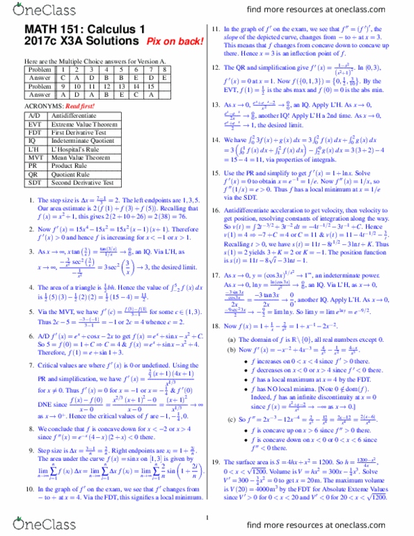 MATH 1030 Study Guide - Summer 2015, Final - Maxima And Minima 