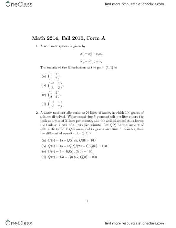 MATH 2214 Final Math 2214 Final Exam Fall 2017 OneClass