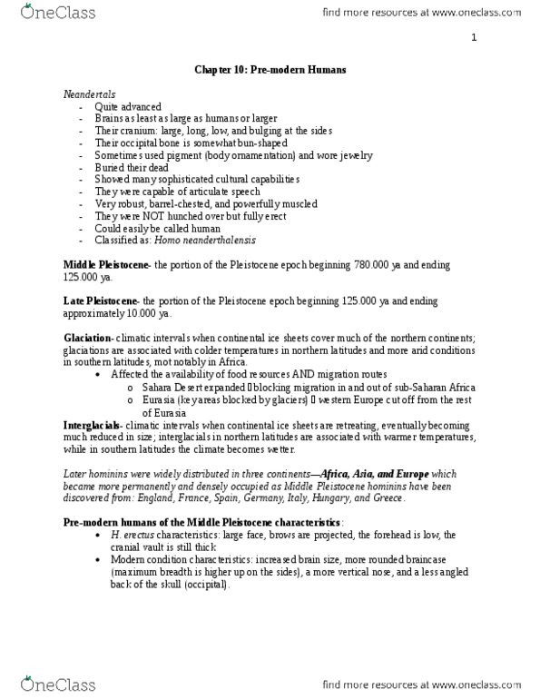 ANT 301 Chapter Notes - Chapter 10: Homo Heidelbergensis, Homo Erectus, Neanderthal thumbnail