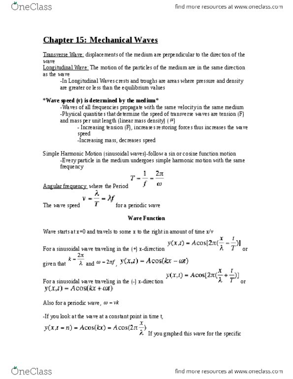 PHYS 1155 Chapter Notes - Chapter 15: Simple Harmonic Motion, Linear Density, Transverse Wave thumbnail