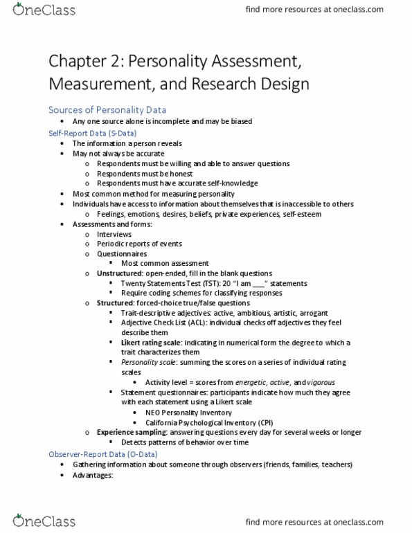 PSYC 3325 Chapter 2: Personality Assessment, Measurement, and Research Design thumbnail