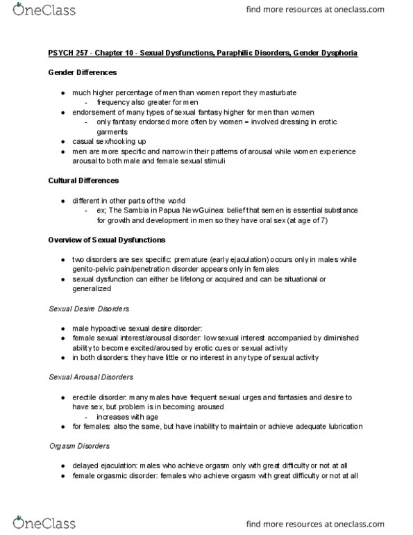 PSYCH257 Lecture Notes - Lecture 10: Hypoactive Sexual Desire Disorder, Premature Ejaculation, Sexual Dysfunction thumbnail