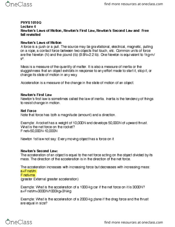 PHYS 1010Q Lecture Notes - Lecture 4: Net Force, Contact Force, Free Fall cover image