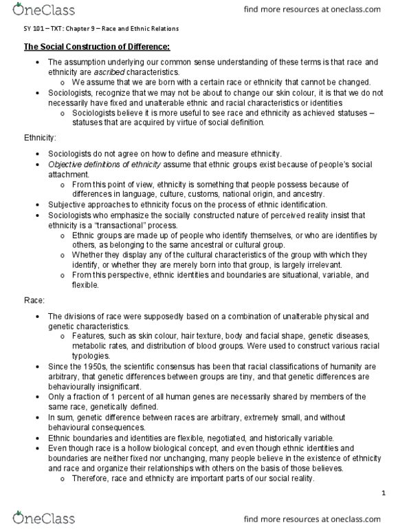 SY101 Chapter Notes - Chapter 9: Advanced Capitalism, Civic Nationalism, Protocol Relating To The Status Of Refugees thumbnail