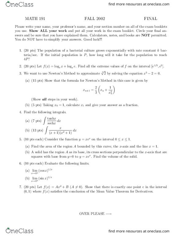 MATH 191 Cornell Final Exam 02 OneClass