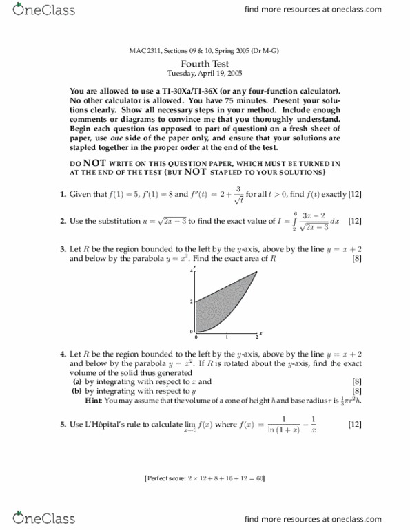 MAC-2311 Midterm: MAC 2311 Test 4 - OneClass