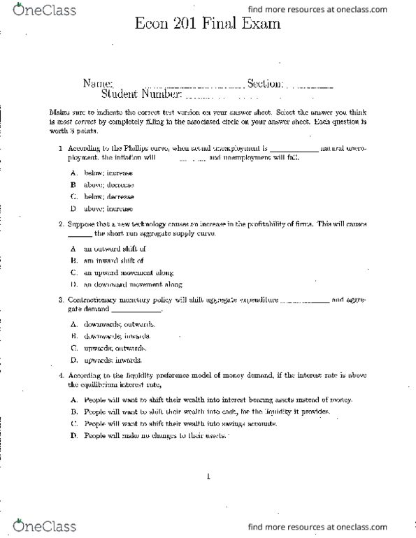 ECON 201 Midterm: Additional_practice_exam_quiz3 - OneClass