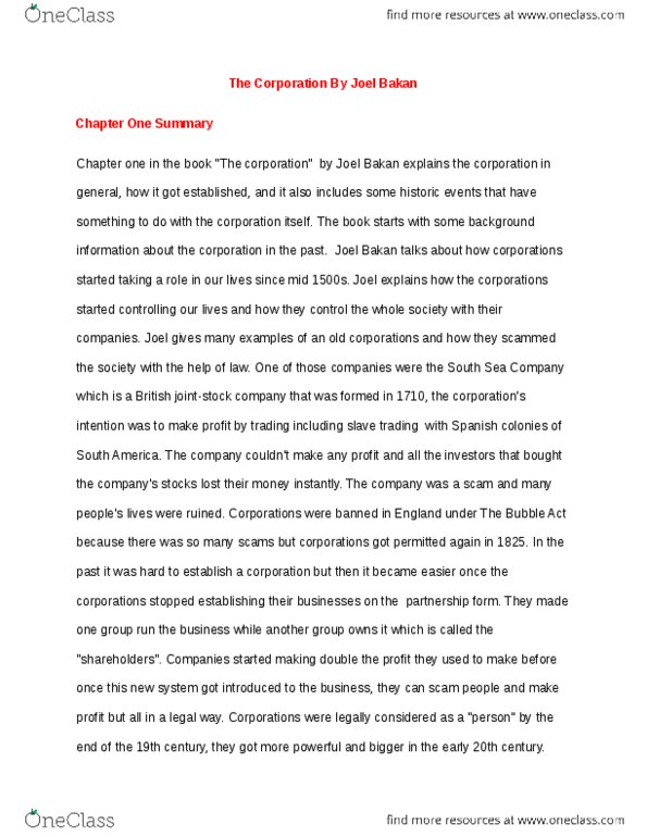SOSC 1340 Chapter Notes - Chapter 1: Joel Bakan, South Sea Company, Azithromycin thumbnail