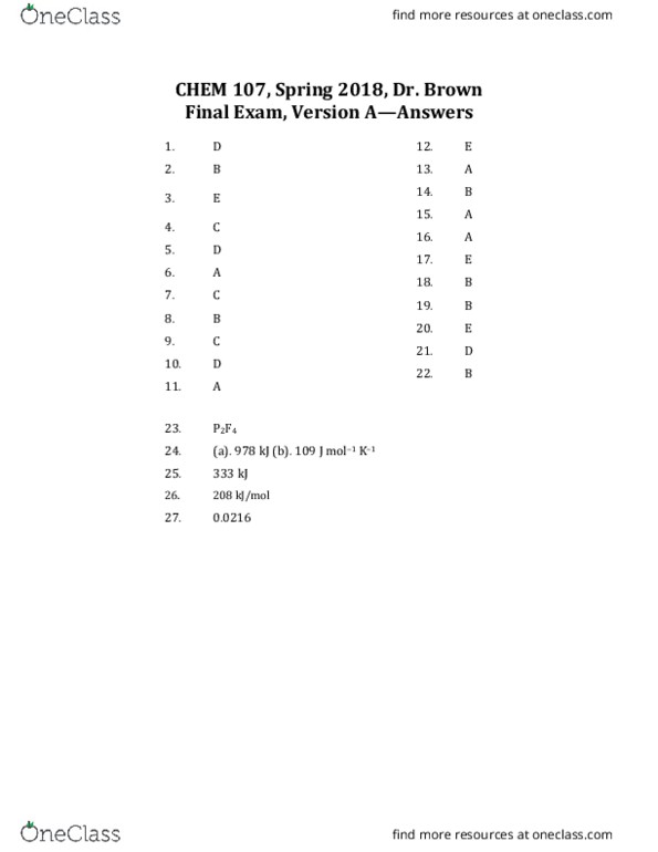 CHEM 107 Final: CHEM 107 TAMU Final Exam S18 Solutions - OneClass