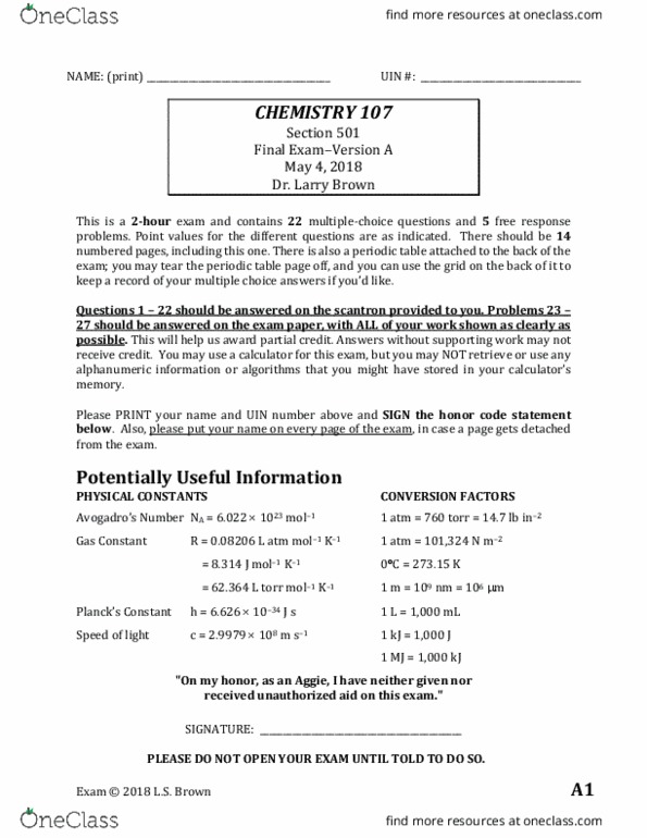 CHEM 107 Final: CHEM 107 TAMU Final Exam S18 - OneClass