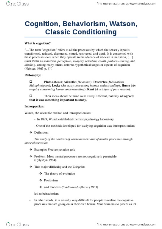PSYC 2700 Lecture Notes - Behaviorism, Wilhelm Wundt thumbnail