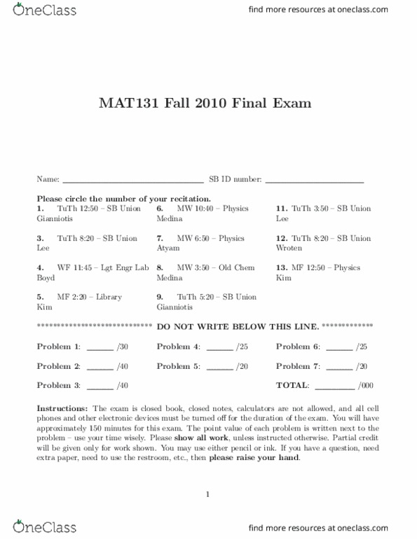 MAT 131 Final MAT 131 SBU Fall11 Final Exam OneClass