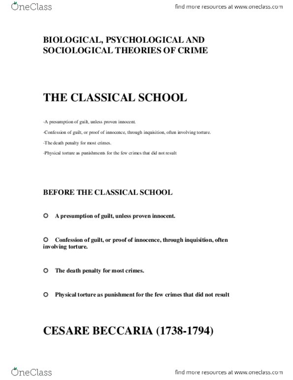 CRIM 101 Lecture Notes - Cesare Beccaria, Cesare Lombroso, Enrico Ferri thumbnail
