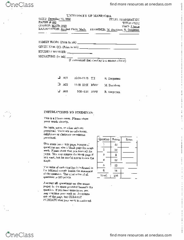 Math 1010 University Of Manitoba Math1010f08 Final Exam Oneclass