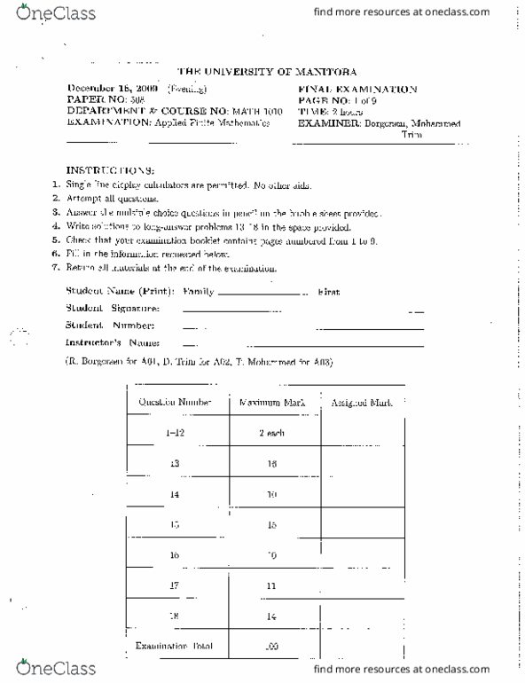 Math 1010 University Of Manitoba Math1010f09 Final Exam Oneclass