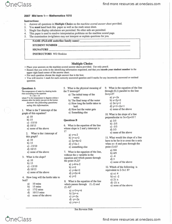 Math 1010 University Of Manitoba Math1010w07 Midterm 1 Oneclass