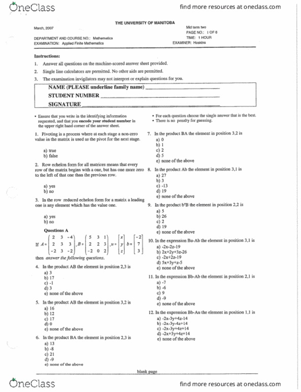 Math 1010 University Of Manitoba Math1010w07 Midterm 2 Oneclass