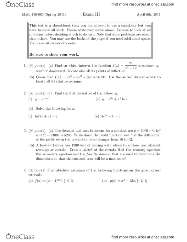 MATH 110 Midterm Math 110 Exam 3 V4 OneClass