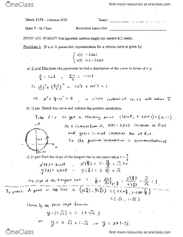 MATH 1172 Quiz: MATH 1172 OSU Quiz 7 In Class Solutions 2eb9h06 - OneClass