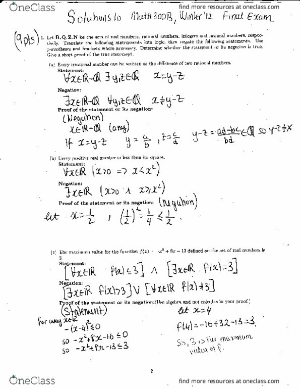 MATH 300 Final: MATH 300 UW 300 Winter 12 Final C Solution - OneClass