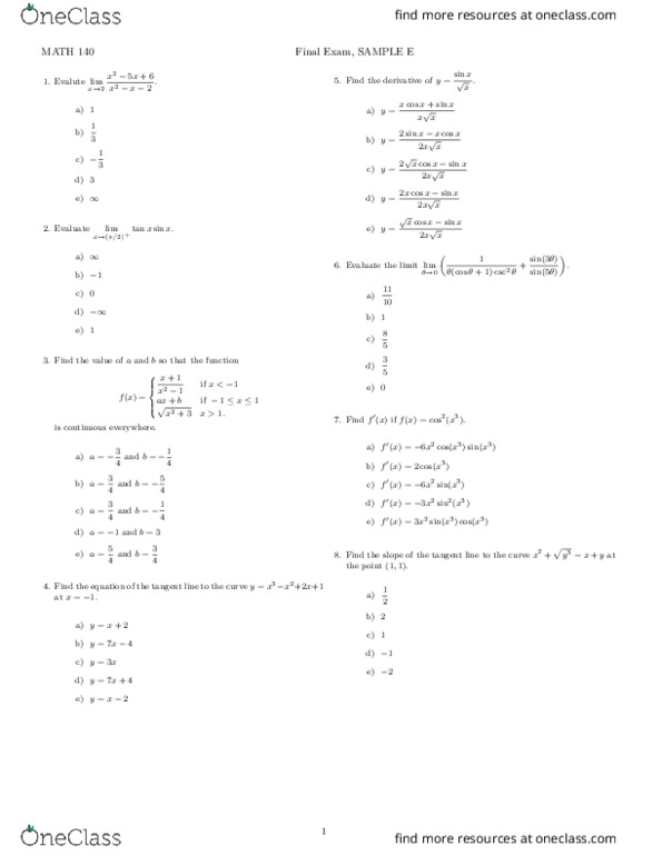 Study Guides for MATH 140 at Pennsylvania State University (PSU) - OneClass