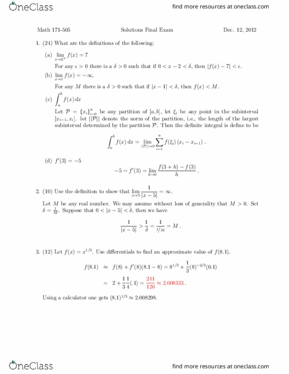 MATH 171 Final Math 171 TAMU Fall 12 FinalExamolutions OneClass