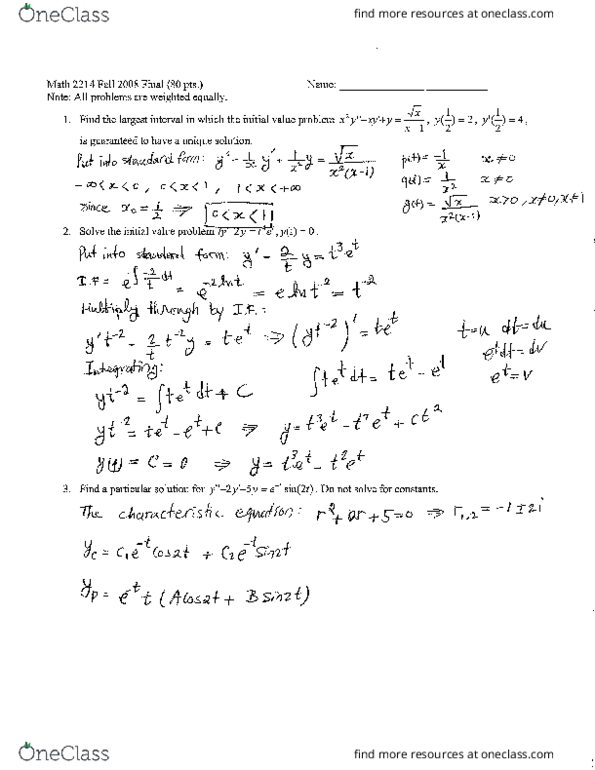 MATH 2214 Final MATH 2214 Virginia Tech Final Exam OneClass