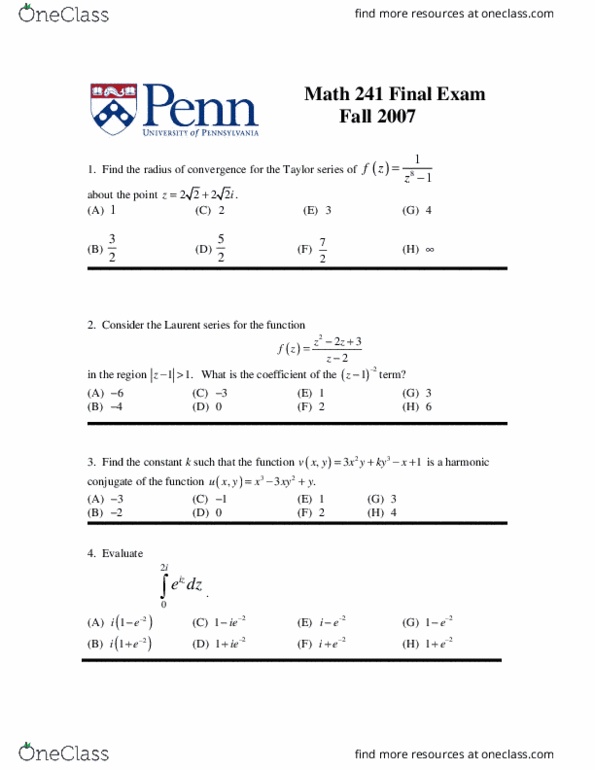 Math 241 Upenn 241fall 07 Exam