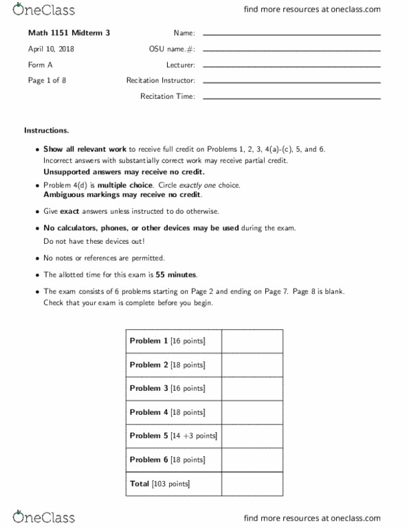 MATH 1151 Midterm: Math_1151_Sample_Midterm_3_SP18 - OneClass