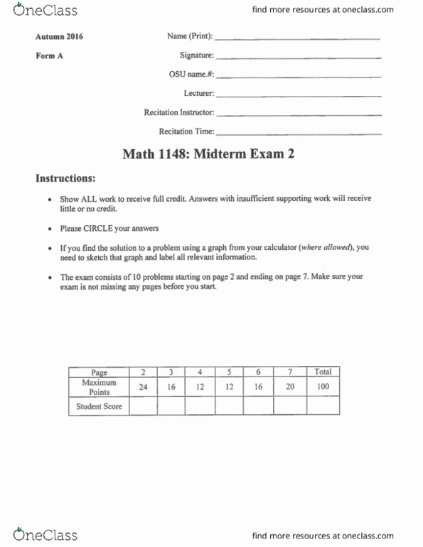 Study Guides for MATH 1148 at Ohio State University (OSU) OneClass