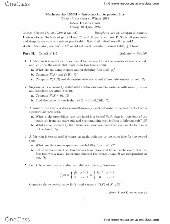 MATH 1550H Final: MATH1550H-Final (4) - OneClass