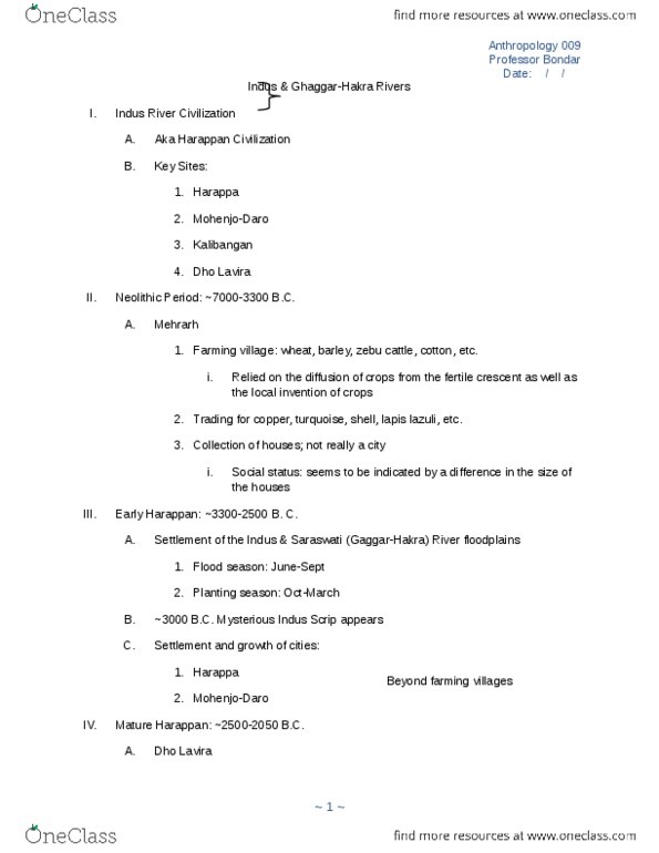 ANTH 009 Lecture Notes - Lapis Lazuli, Indus River, Kalibangan thumbnail