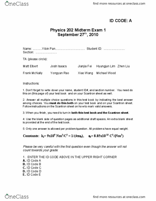 PHYSICS 202 Midterm: PHYS 202 UW Madison Exam1 key - OneClass