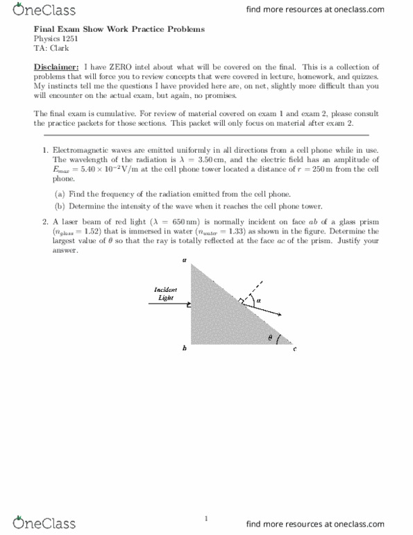 Physics 1251 Final Exam Show Work Practice Problems 2hx1rgk - 