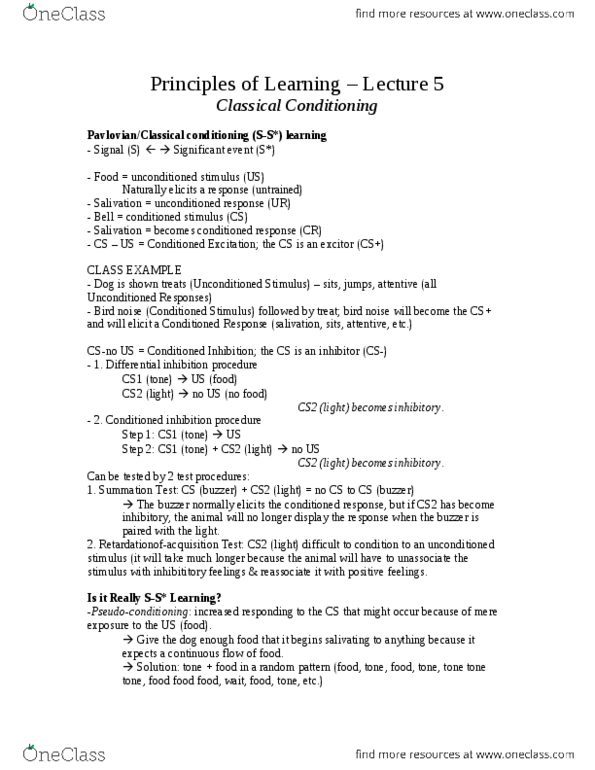 PSYC 2330 Lecture Notes - Lecture 5: Uvb-76, Classical Conditioning, Fear Conditioning thumbnail