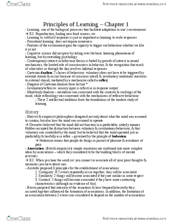 PSYC 2330 Chapter Notes - Chapter 1: Reflexology, Model Organism, Contiguity thumbnail