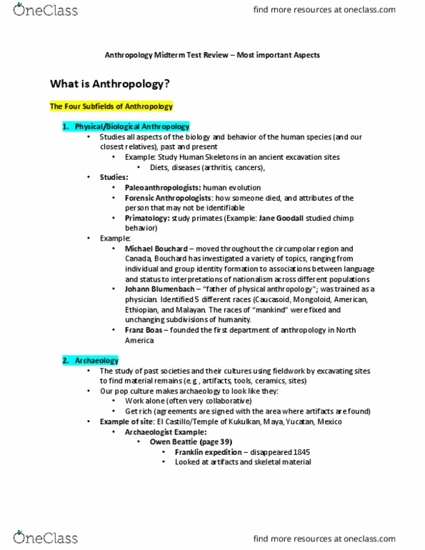 ANTHROP 1AA3 Midterm: Midterm Review – (EXTREMELY ELABORATE) - OneClass