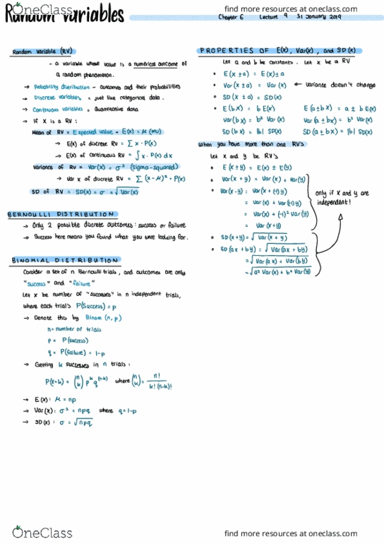 COMM 291 Lecture Notes - Lecture 9: Random Variable, Bernoulli Distribution, Probability Distribution thumbnail