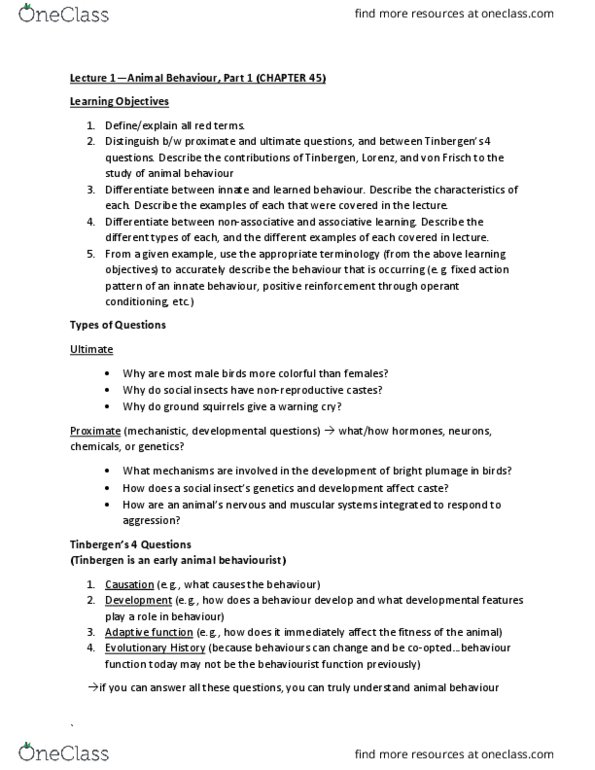BIOA02H3 Lecture Notes - Lecture 1: Fixed Action Pattern, Behaviorism, Reinforcement thumbnail