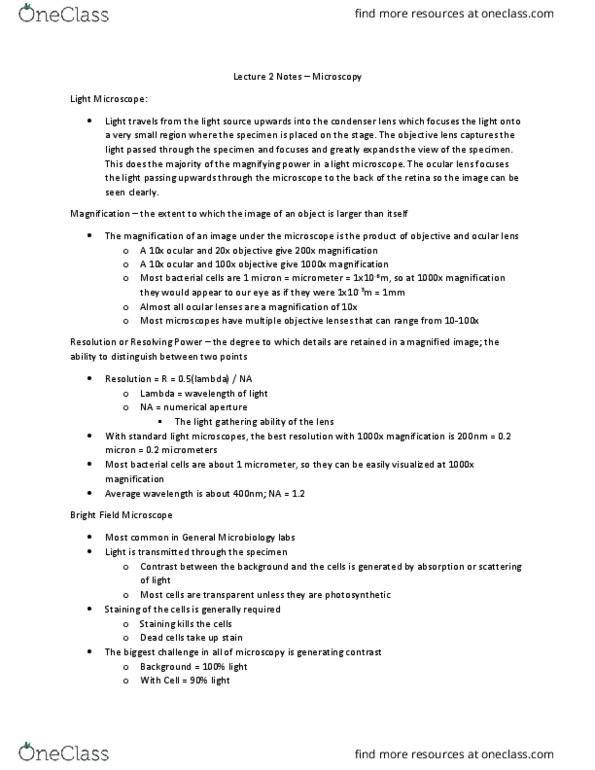 BIOL 2604 Lecture Notes - Lecture 2: Numerical Aperture, Bright-Field Microscopy, Microbiology thumbnail